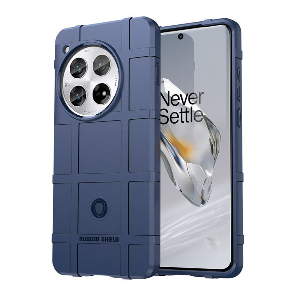 Coque de téléphone bleue avec design robuste, plusieurs lentilles de caméra et écran visible.