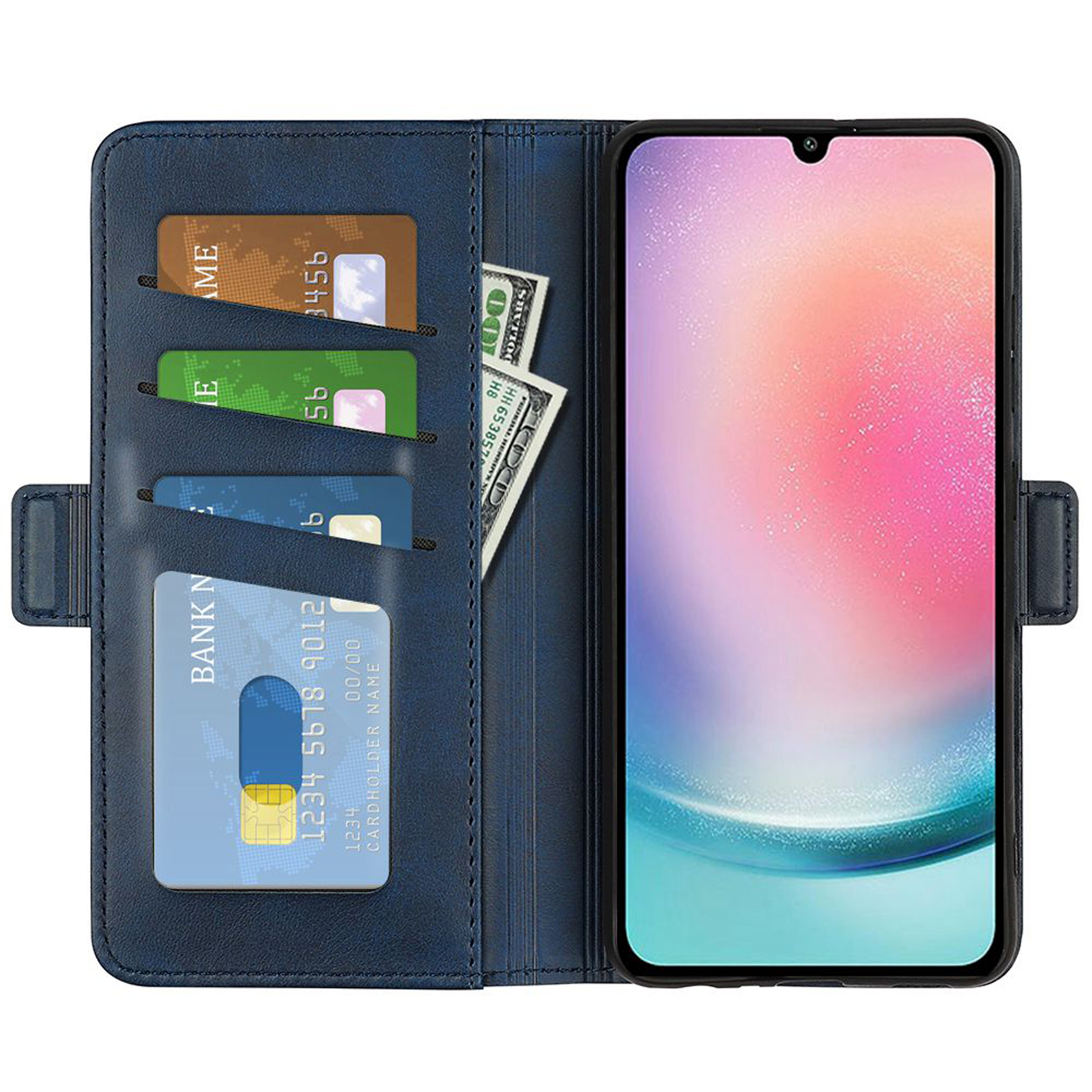 Portefeuille de téléphone bleu ouvert, montrant cartes, argent et un téléphone.