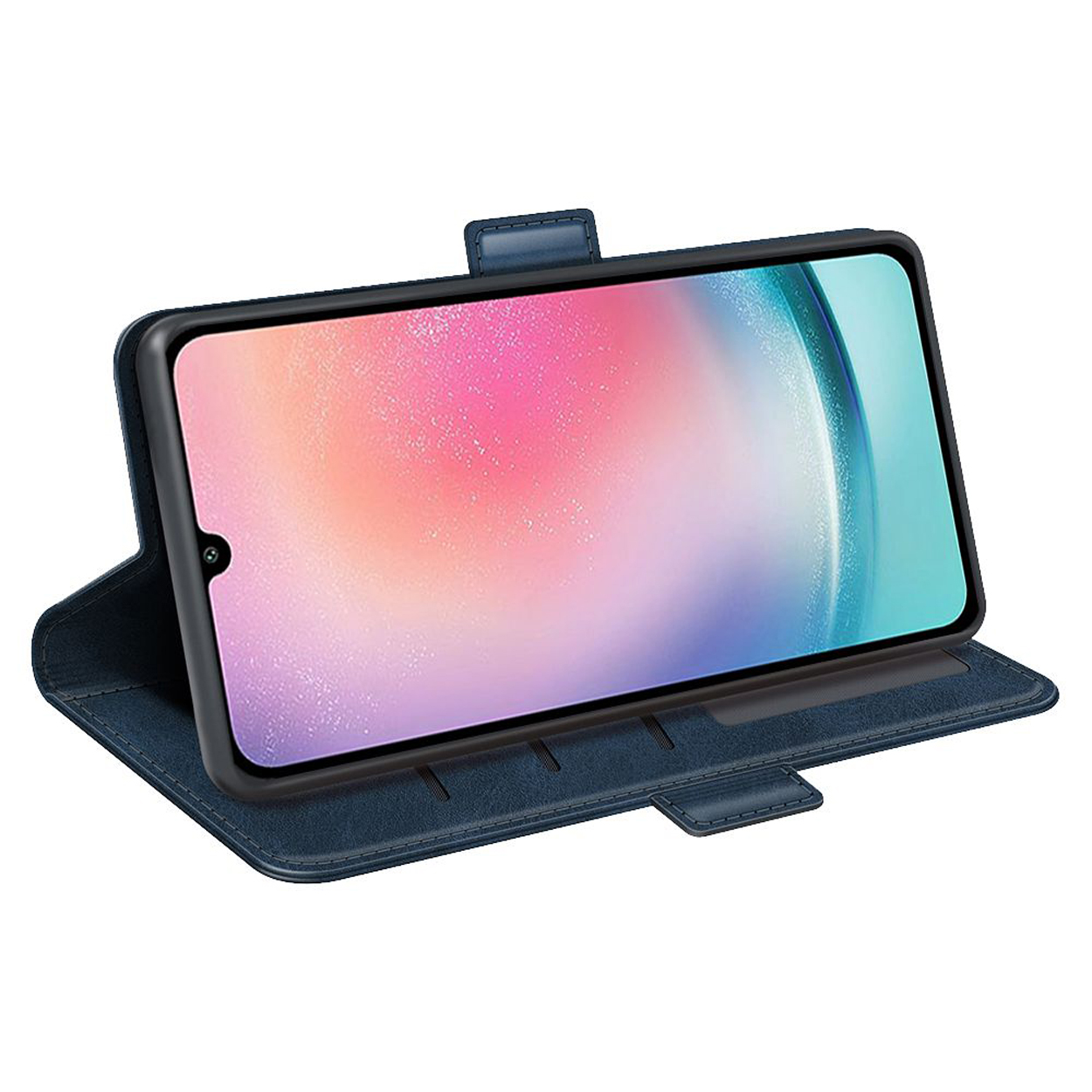 Un étui de téléphone bleu est ouvert, avec un téléphone à l'intérieur. L'écran affiche une image colorée.