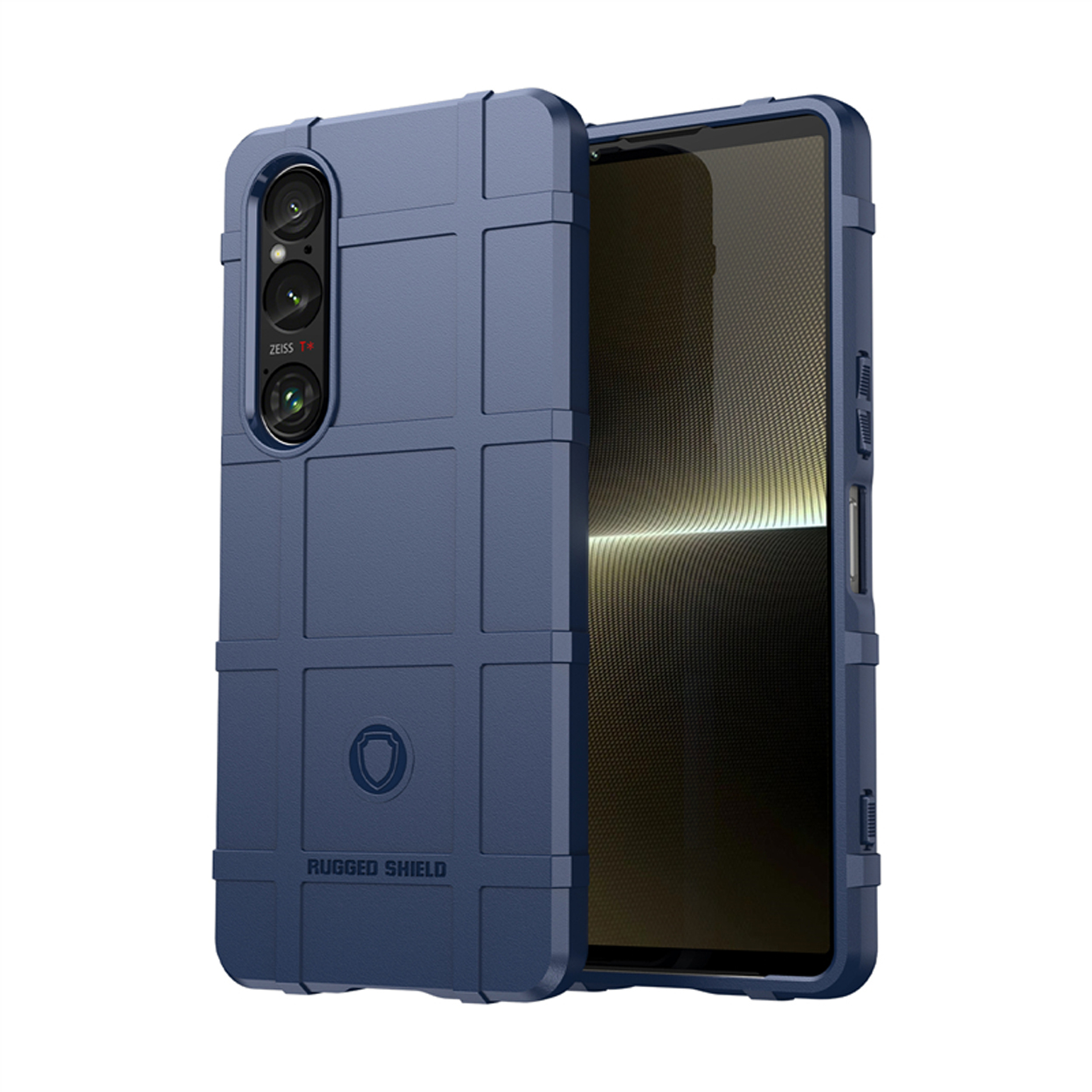 Blauwe telefoonhoes met een robuust ontwerp. Telefoon zit erin.