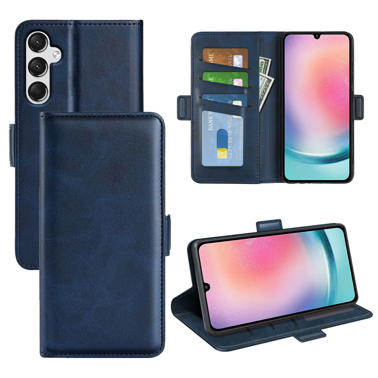 Étui de téléphone bleu, ouvert avec téléphone, cartes et argent. Le téléphone affiche un motif rose et blanc.