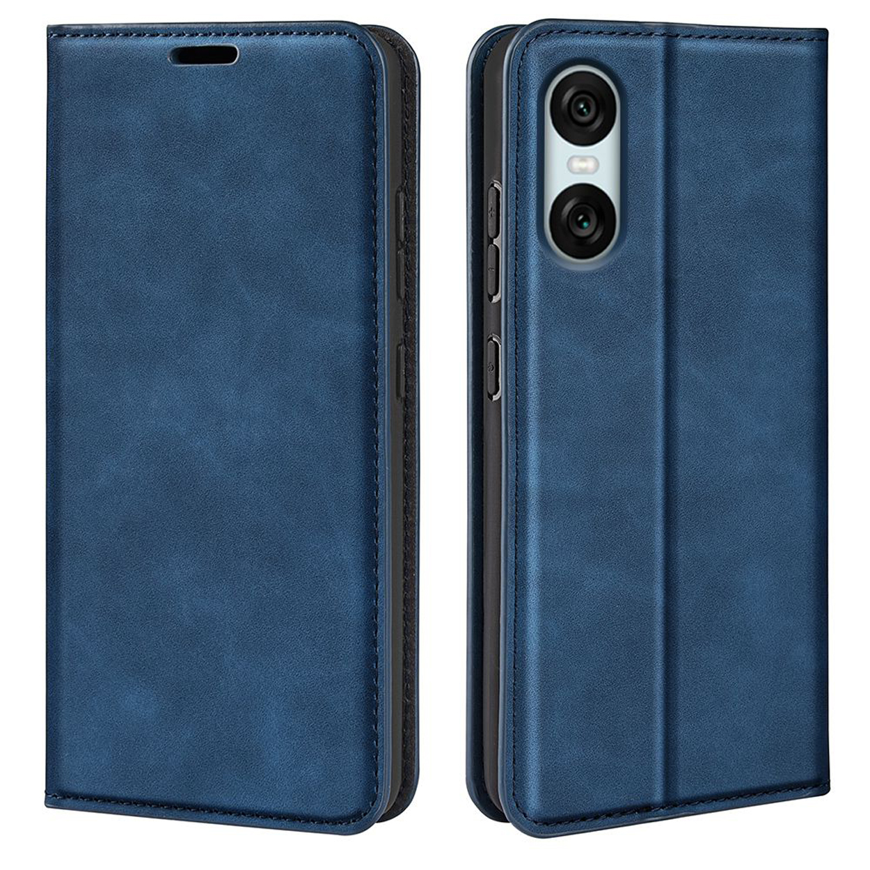 Blauwe leren telefoonhoes open, met telefoon erin, toont de camera.