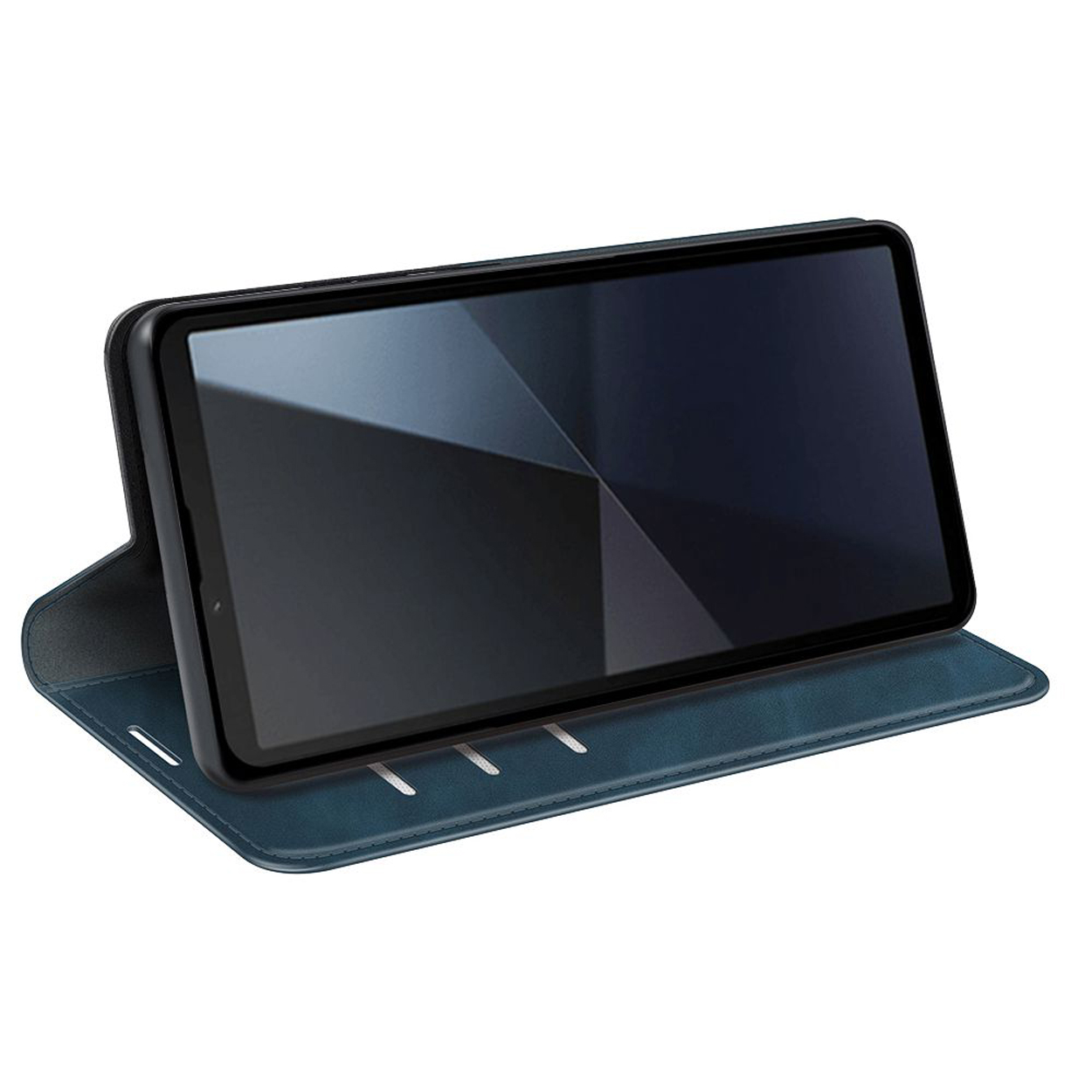 Een blauwe telefoonhoes met een tablet erin. De hoes is open en toont het tabletscherm.