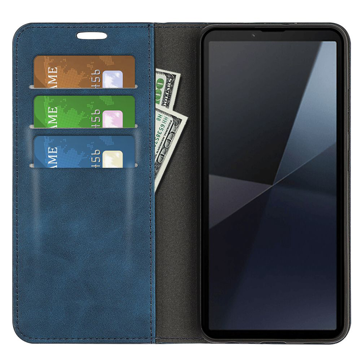 Blauwe telefoonhoes open, met drie kaarten en contant geld. Telefoon zit rechts.