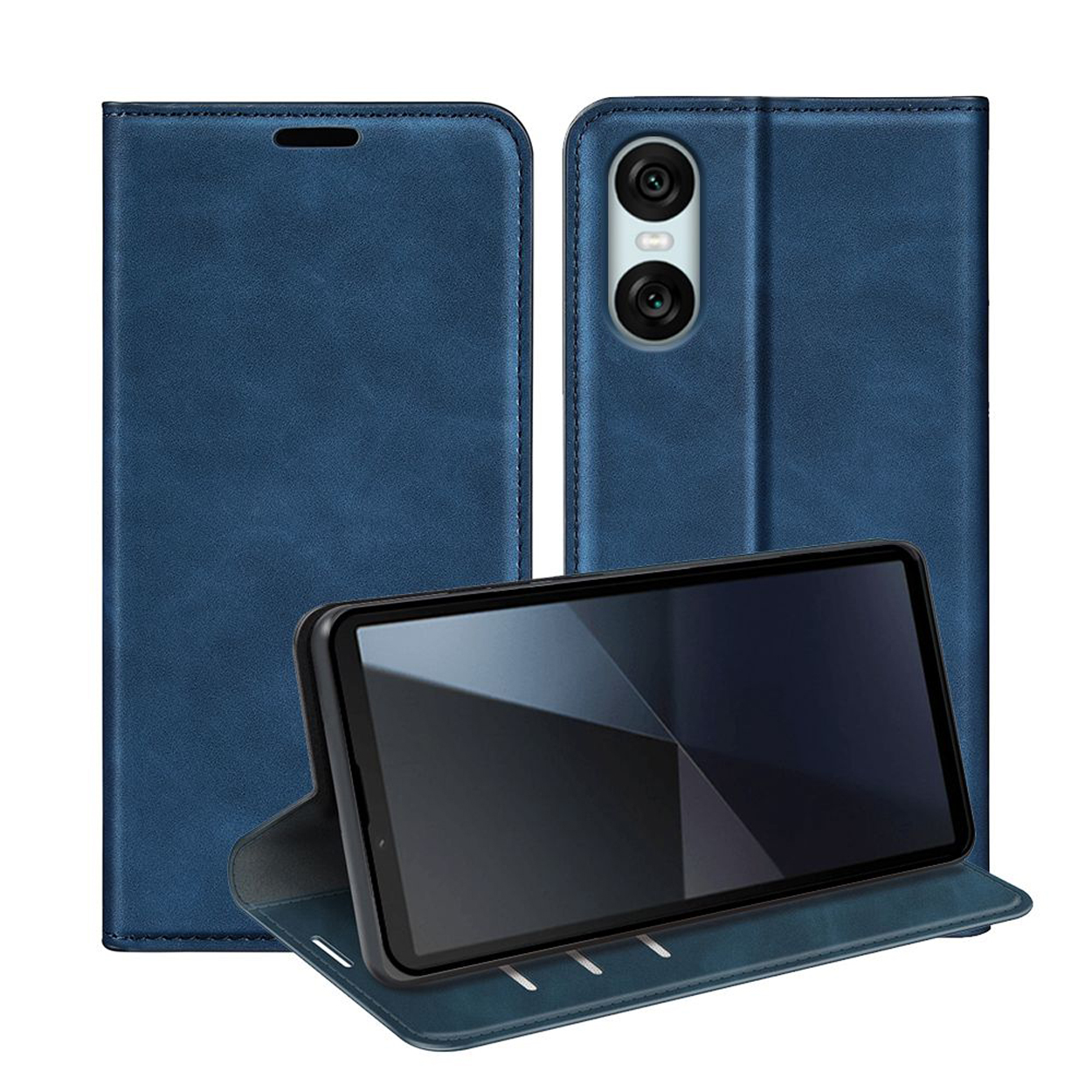 Blauwe leren telefoonhoes, met telefoon erin. Hoes is open en dicht, toont cameramodule.