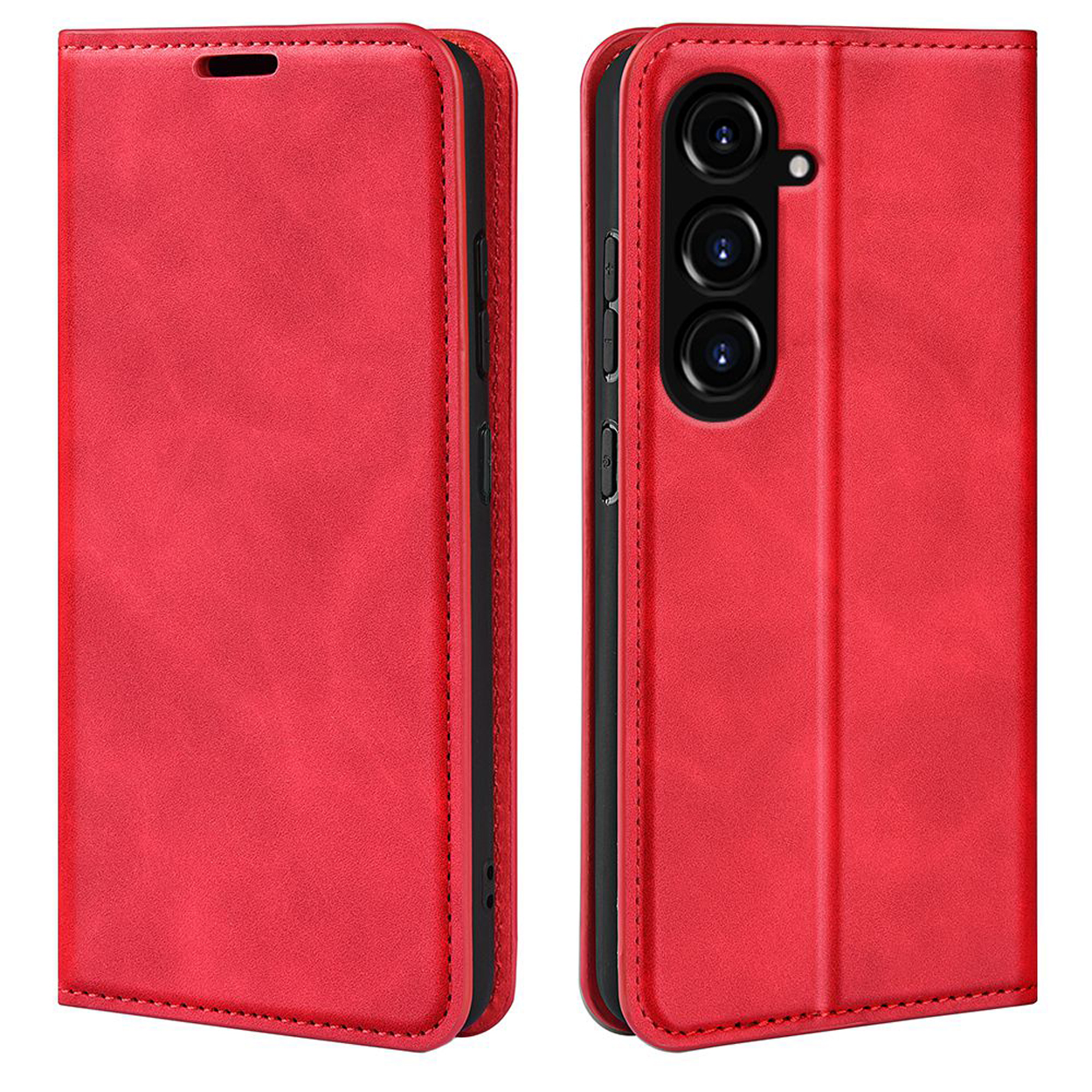 Coque de téléphone rouge, fermée et ouverte, montrant le téléphone, avec effet cuir cousu.