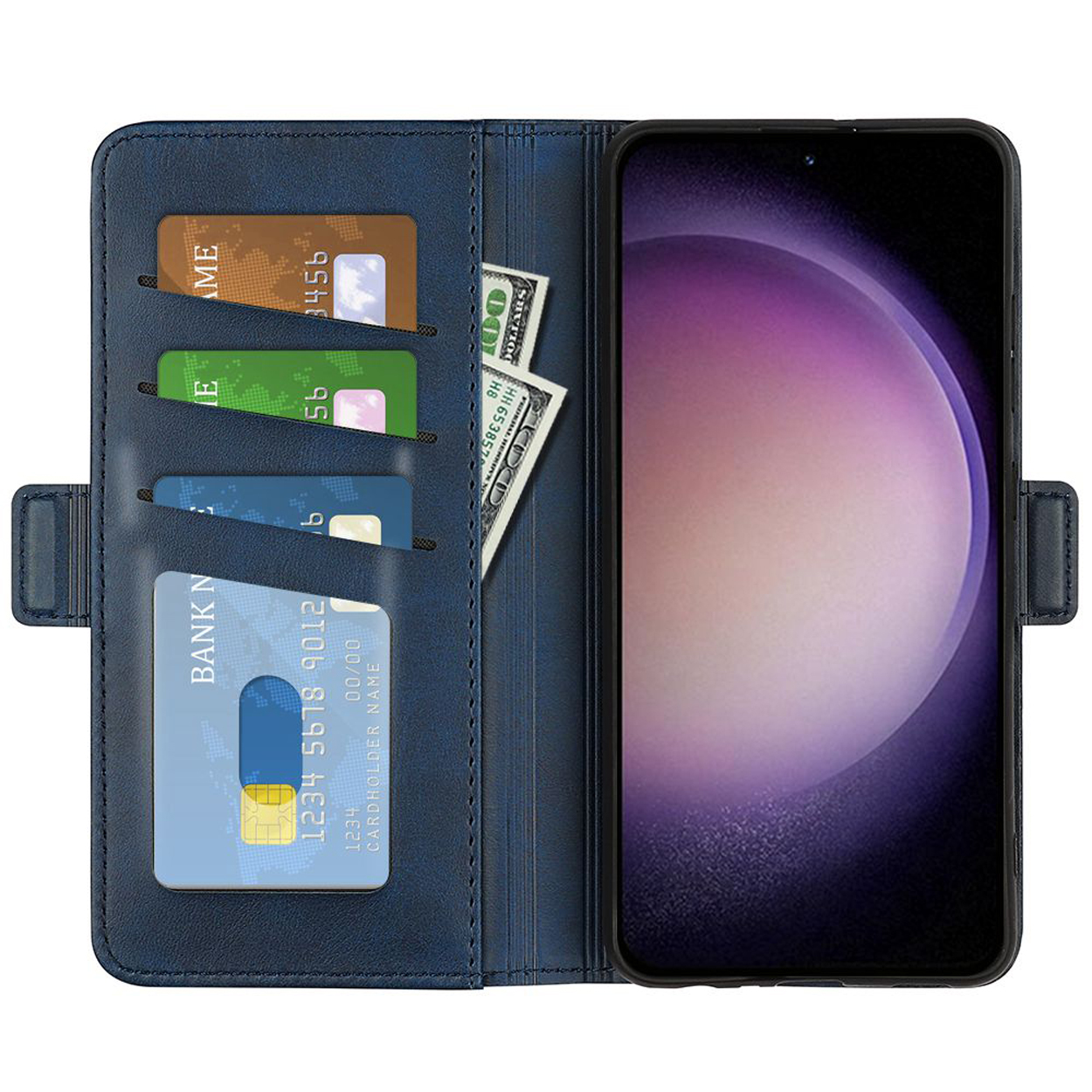 Blauwe telefoonhoes open met telefoon, kaarten en geld.