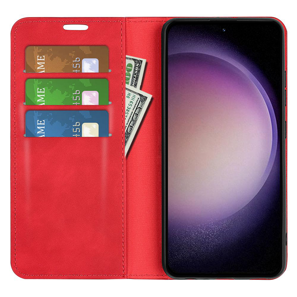 Coque de téléphone rouge, ouverte, avec cartes et argent. Écran avec dégradé. Intérieur rouge.