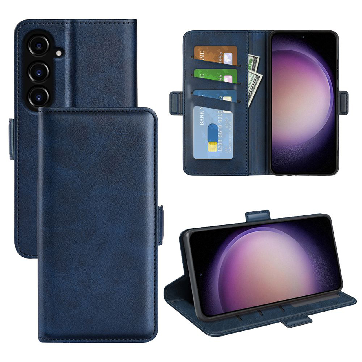Een blauwe telefoonhoes wordt vanuit verschillende hoeken getoond, inclusief een open hoes met kaarten en contant geld.