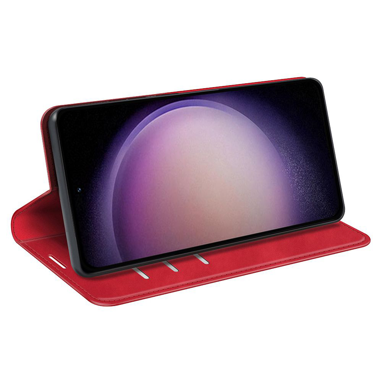 Étui de téléphone rouge, ouvert avec téléphone à l'intérieur. Le téléphone affiche un motif violet et blanc.