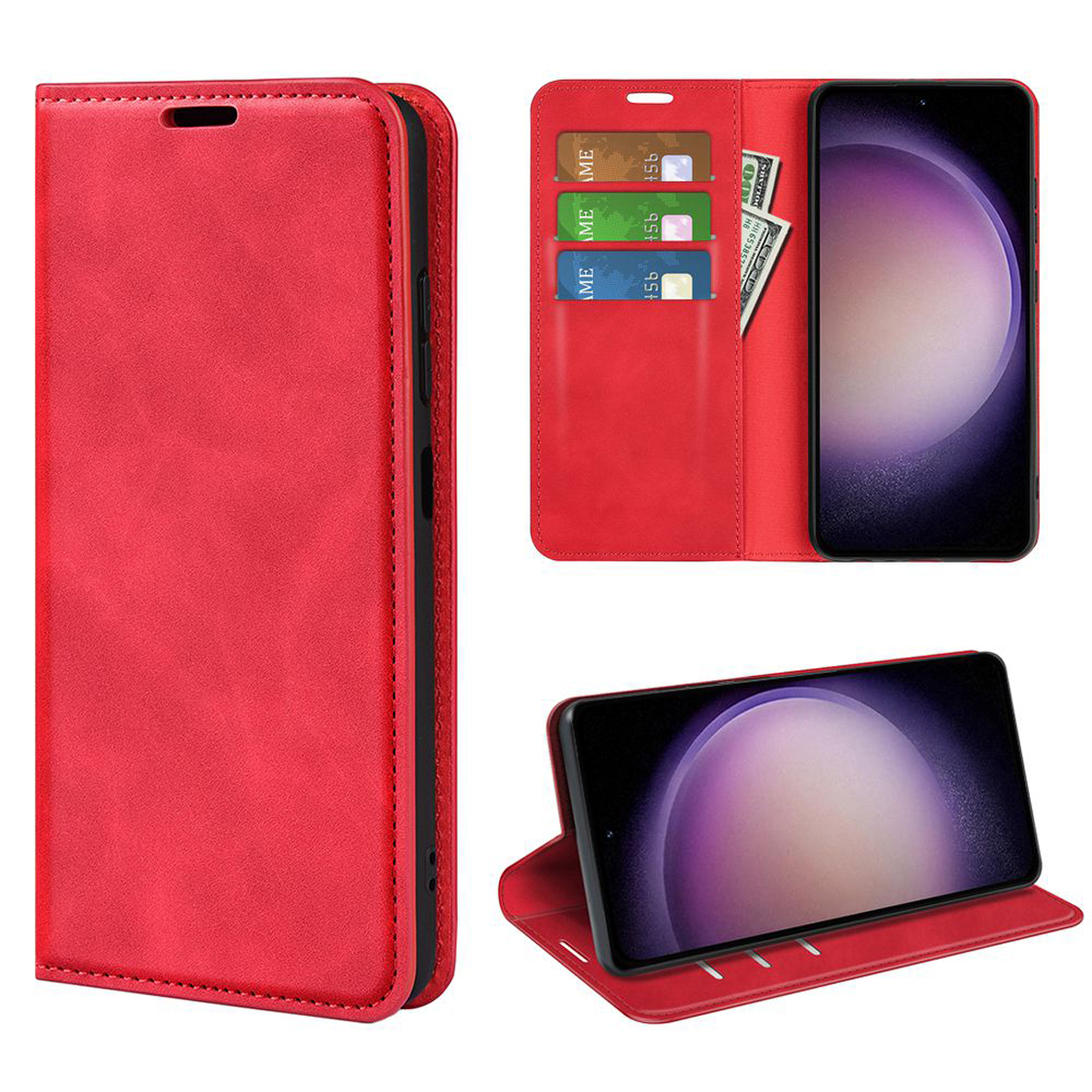 Coque de téléphone rouge avec emplacements pour cartes, ouverte et fermée, avec téléphone et argent.