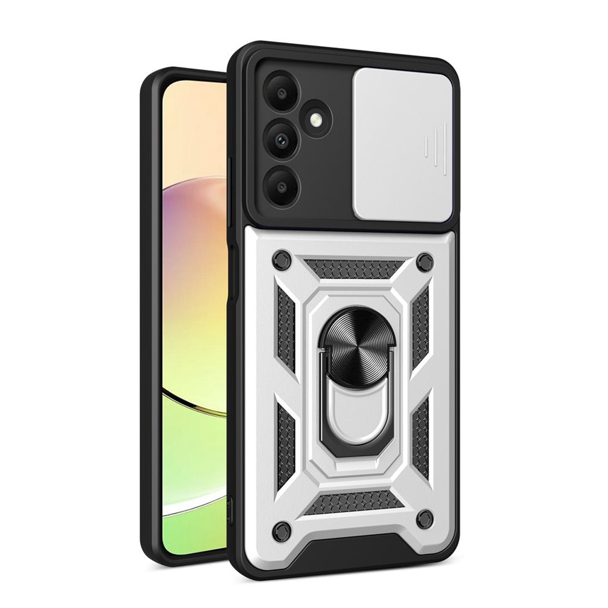 Een zwart-witte telefoonhoes zit op een telefoon. Het heeft een cameralensafdekking en een ringhouder.