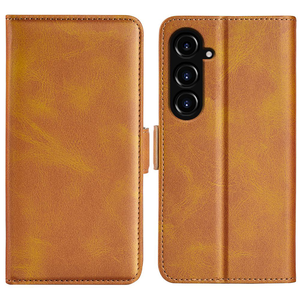 Bruine telefoonhoes, open en dicht. De gesloten hoes heeft een magnetische sluiting en een textuurpatroon.