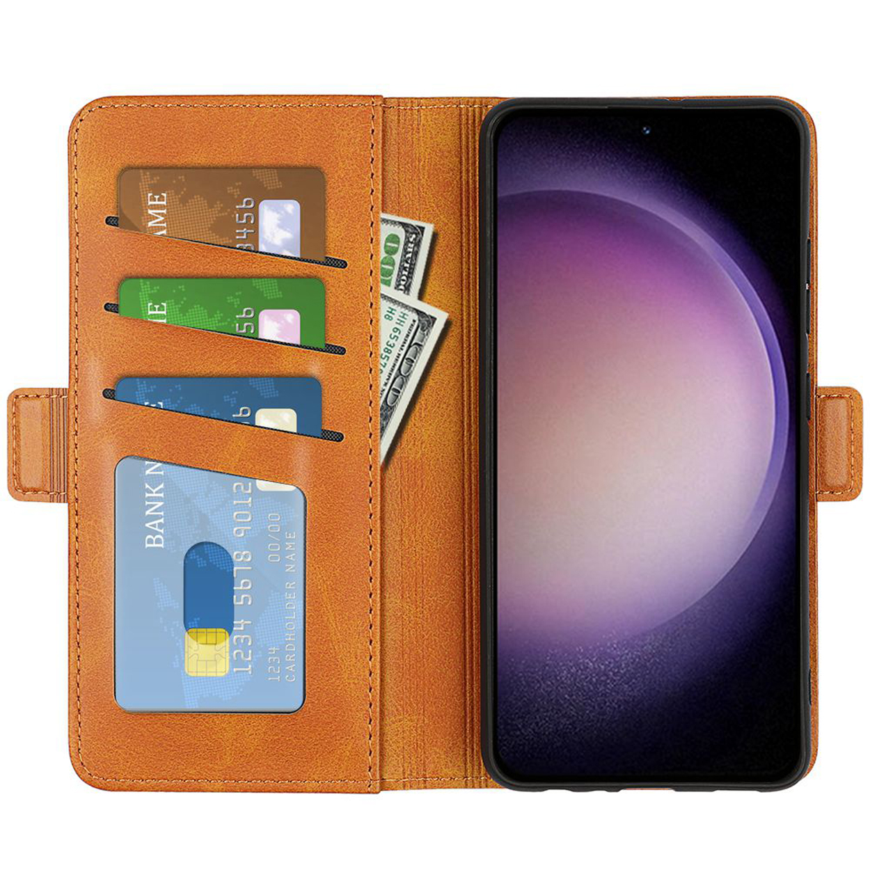 Oranje telefoonhoes, open, met kaarten, geld en telefoon met verloop. Bruin interieur.