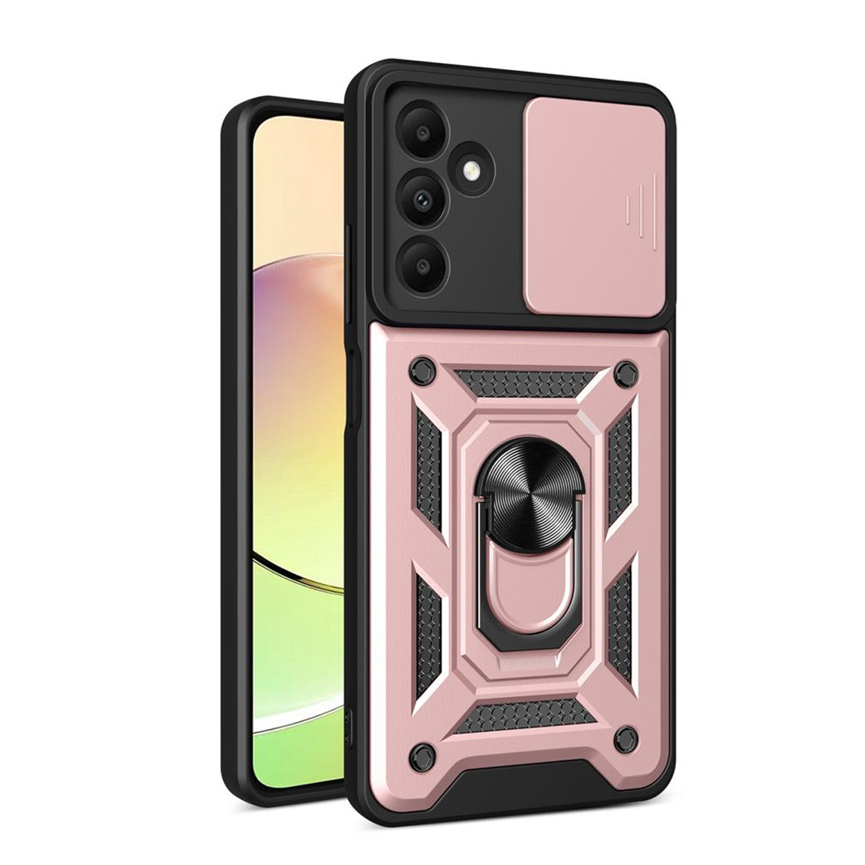 Roze en zwarte telefoonhoes met een ringhouder en camerahoes.