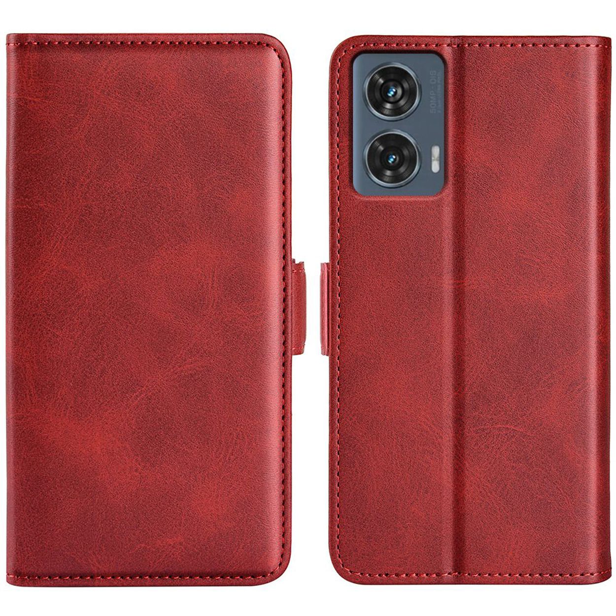 Étui de téléphone rouge, fermé et ouvert. Téléphone visible avec caméras. Texture similicuir et fermeture magnétique.
