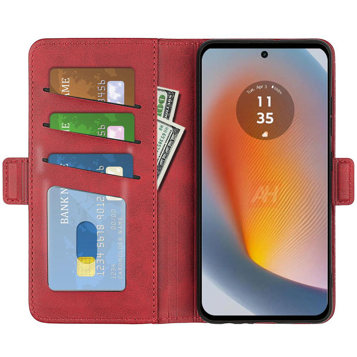 Étui de téléphone rouge ouvert, affichant des cartes, de l'argent et l'écran du téléphone avec les informations de l'heure et de la batterie.