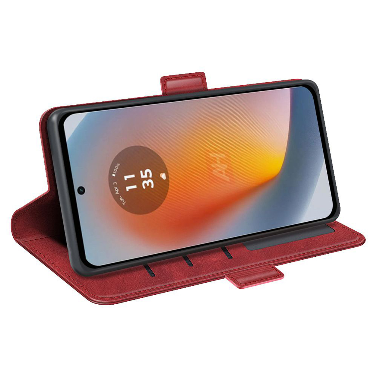 Étui de téléphone rouge avec téléphone affichant l'heure et la date. Texture cuir. Design ouvert.