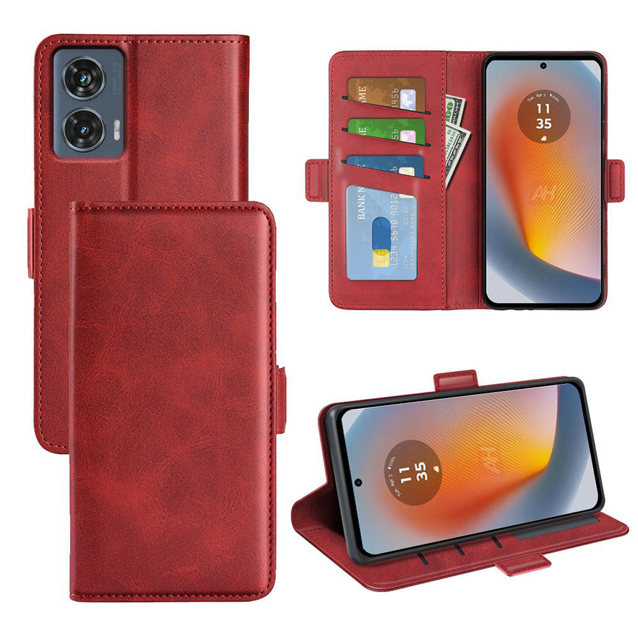 Étui de téléphone rouge, ouvert avec téléphone, cartes et argent. Le téléphone affiche une horloge et un design orange.