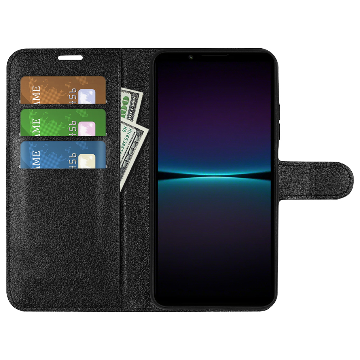 Bruine leren telefoonhoes met kaartsleuven, geld en een telefoon met een blauw en rood scherm.