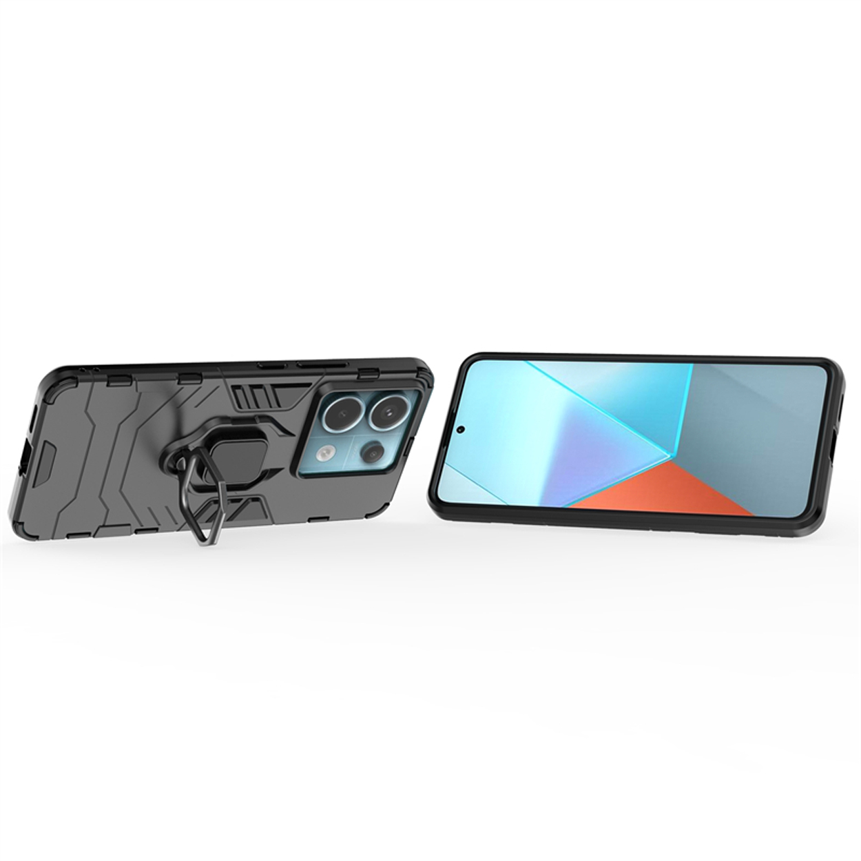 Twee telefoons met hoesjes. Eén in een zwart hoesje met een ringstandaard. Andere toont blauw geometrisch scherm.