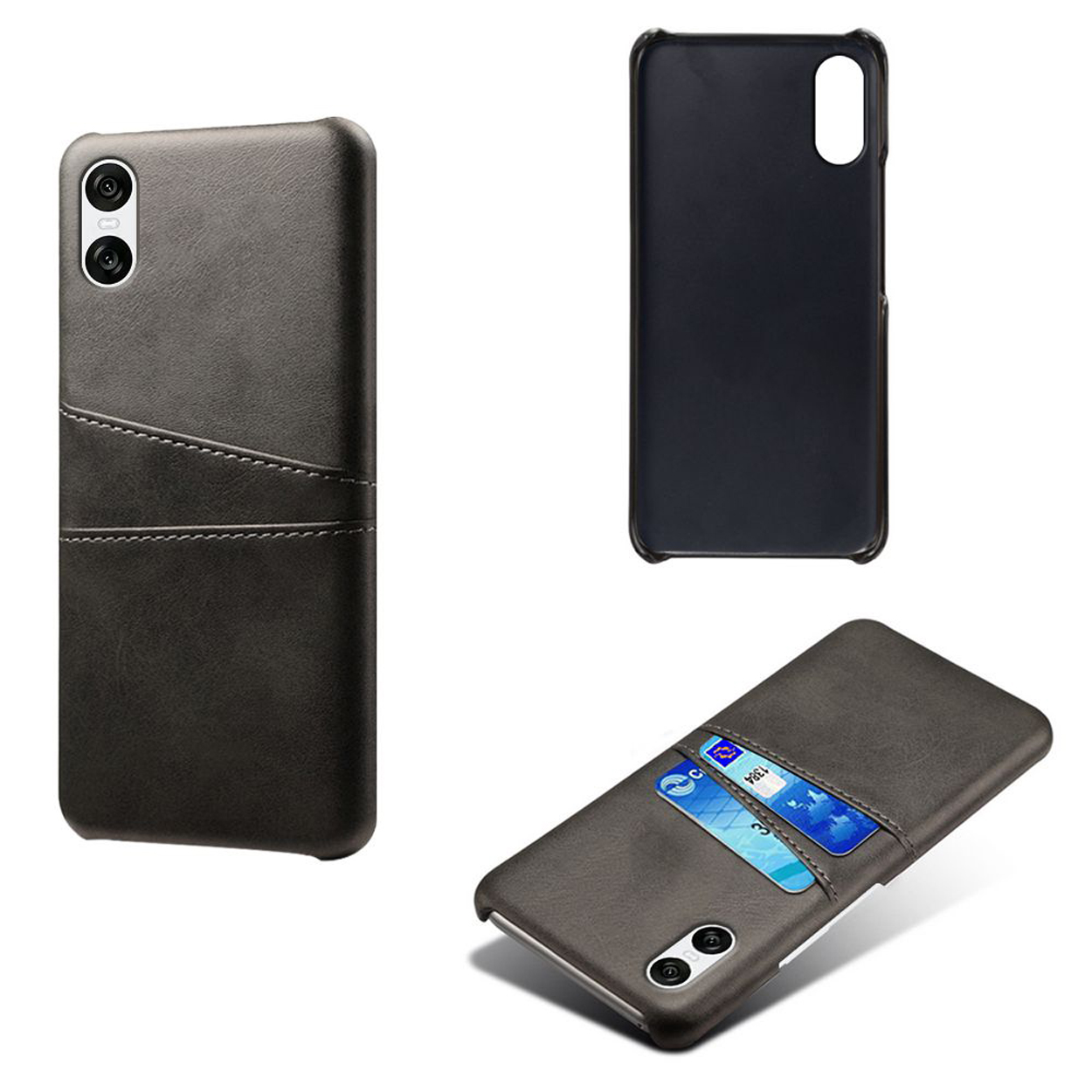 Trois images d'un étui de téléphone, gris avec bord noir, montrant l'étui, le dos et le porte-cartes.