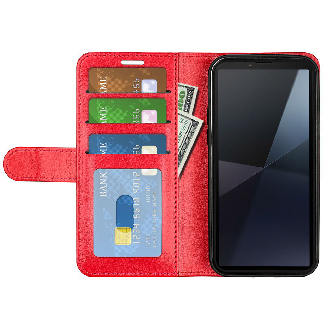 Rode telefoonhoes, open met kaarten en geld. De hoes toont kaarten en bankbiljetten binnenin.