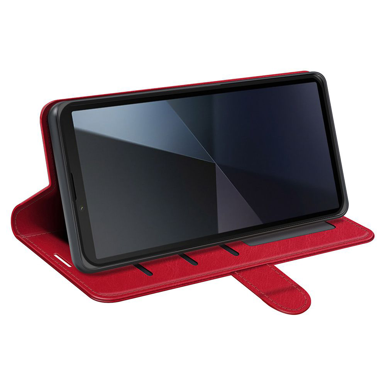 Rode tablethoes met zwart scherm. De hoes is open en toont de tablet.