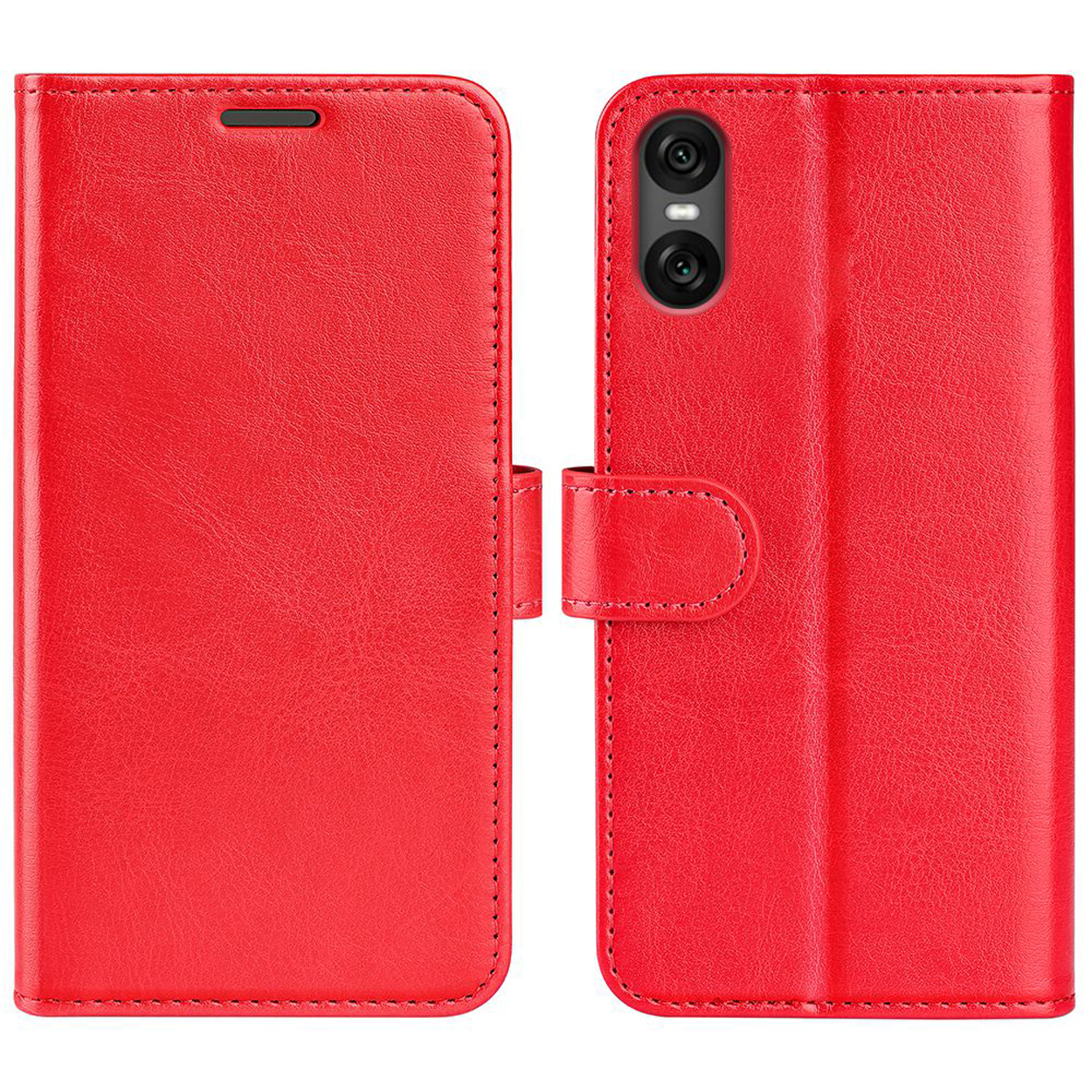 Rode leren telefoonhoes, open en dicht, met een telefoon met twee camera's.