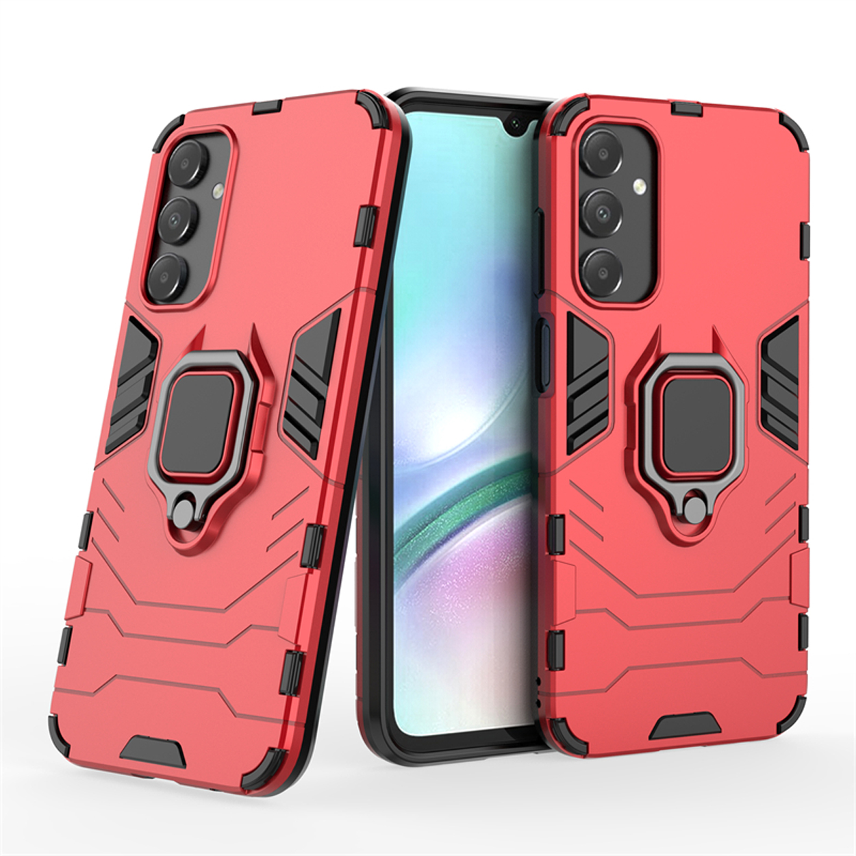 Twee rode telefoonhoesjes met een telefoon erin.