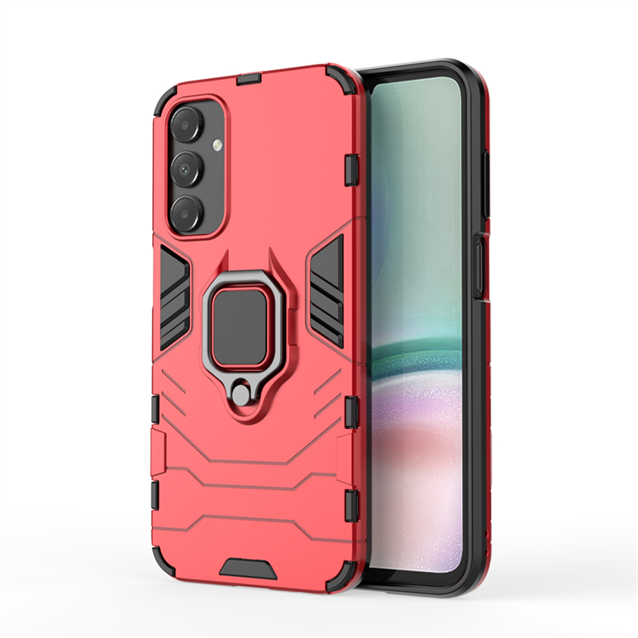 Rode telefoonhoes met een ringhouder, robuust ontwerp en een telefoon erin.