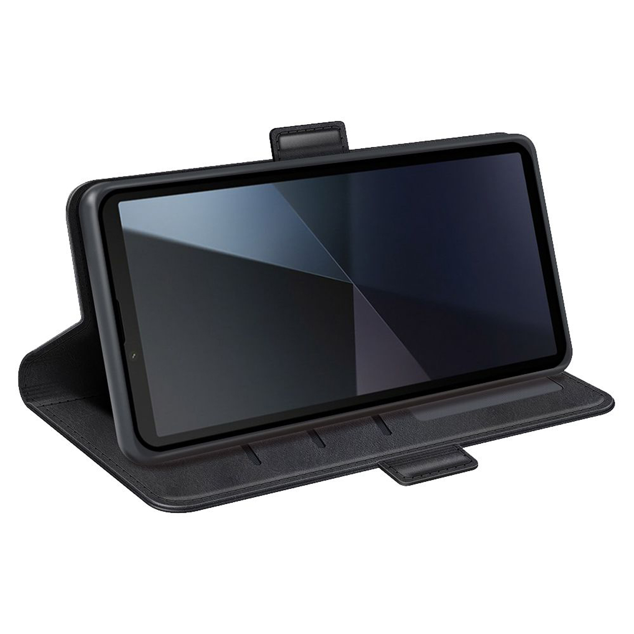 Zwarte tablethoes, open, met een tablet met een donker scherm. Hoes heeft een standaard.