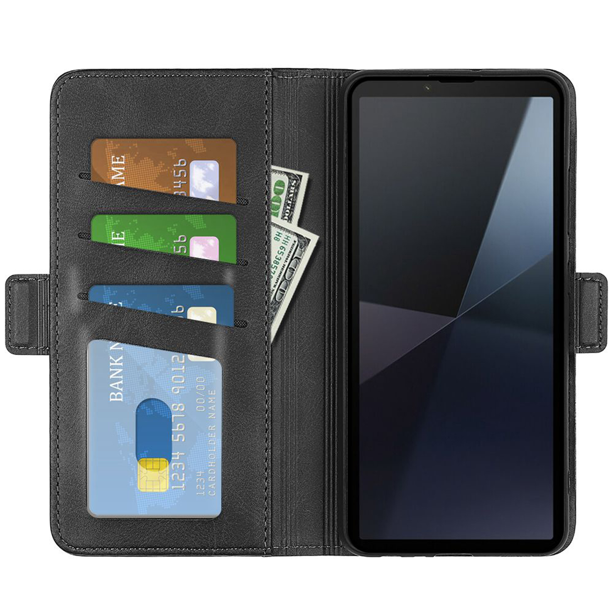 Een zwarte telefoonhoes is open. Het heeft kaartsleuven en geld erin, samen met een telefoon.