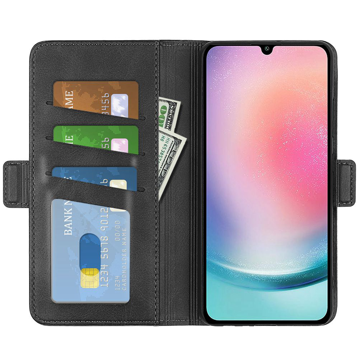 Portefeuille de téléphone noir ouvert avec cartes de crédit et argent, écran du téléphone visible.
