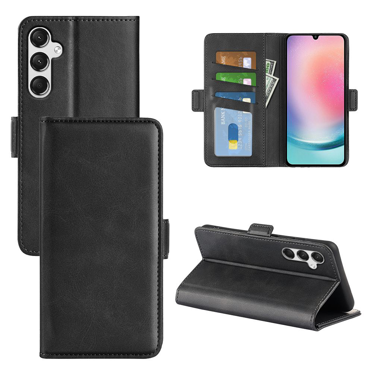 Coque de téléphone noire, ouverte, montrant cartes et argent, avec téléphone, sur surface blanche.