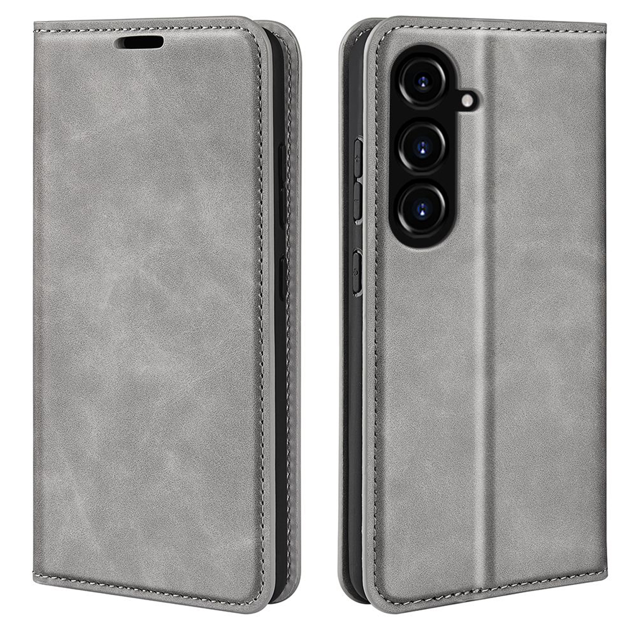 Étui de téléphone gris ouvert. Il y a un téléphone du côté droit.