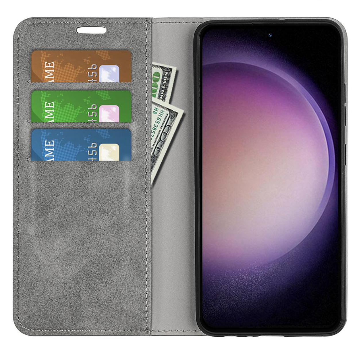 Étui de téléphone gris ouvert, avec cartes et argent à l'intérieur. L'écran du téléphone affiche un dégradé violet et rose.
