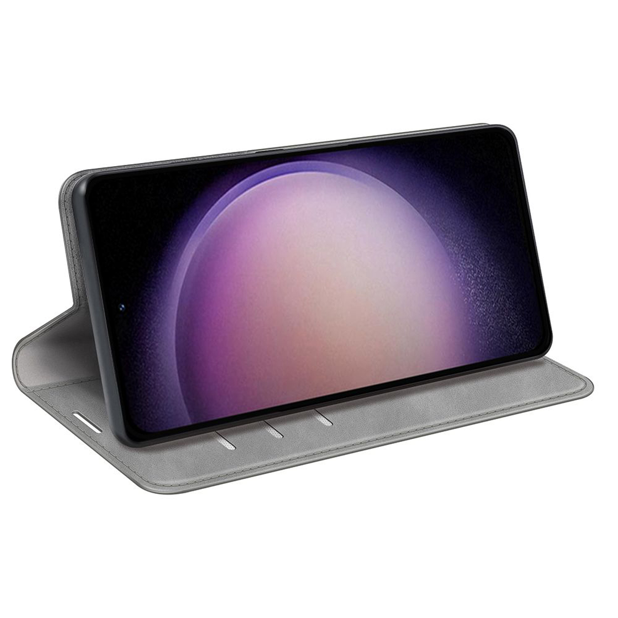 Étui de téléphone en cuir gris contenant un smartphone avec un écran dégradé violet.
