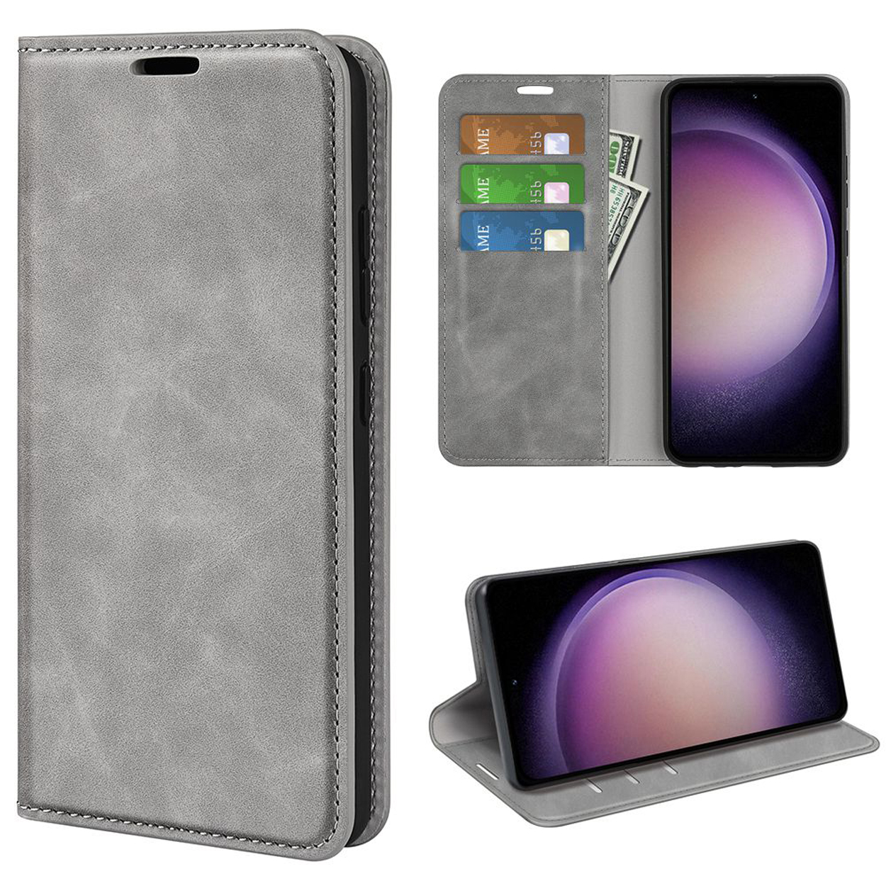 Étui de téléphone gris avec des fentes pour cartes de crédit et un téléphone affiché à l'écran.