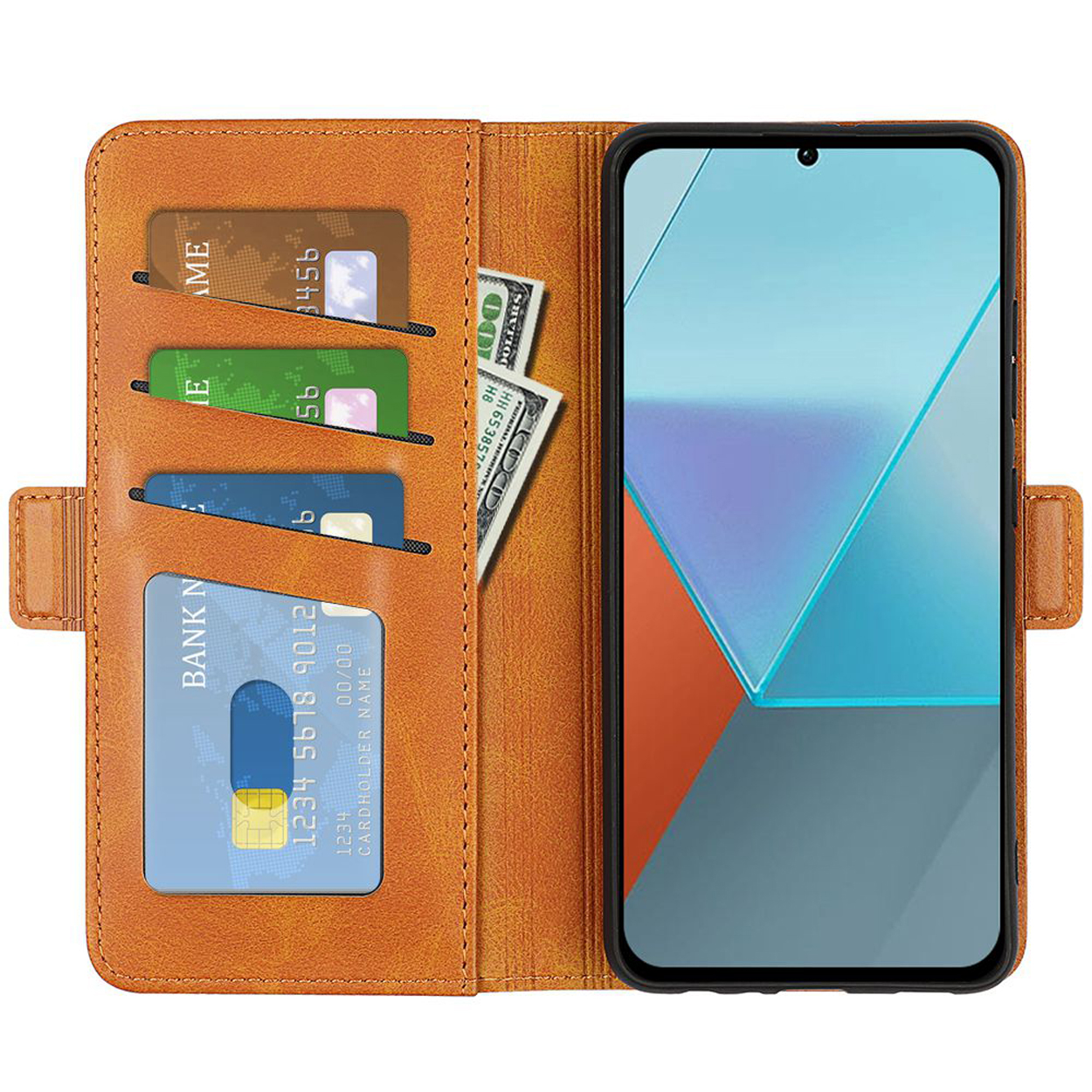 Een open, oranje telefoonhoes met een telefoon met tijd en kaarten met contant geld.