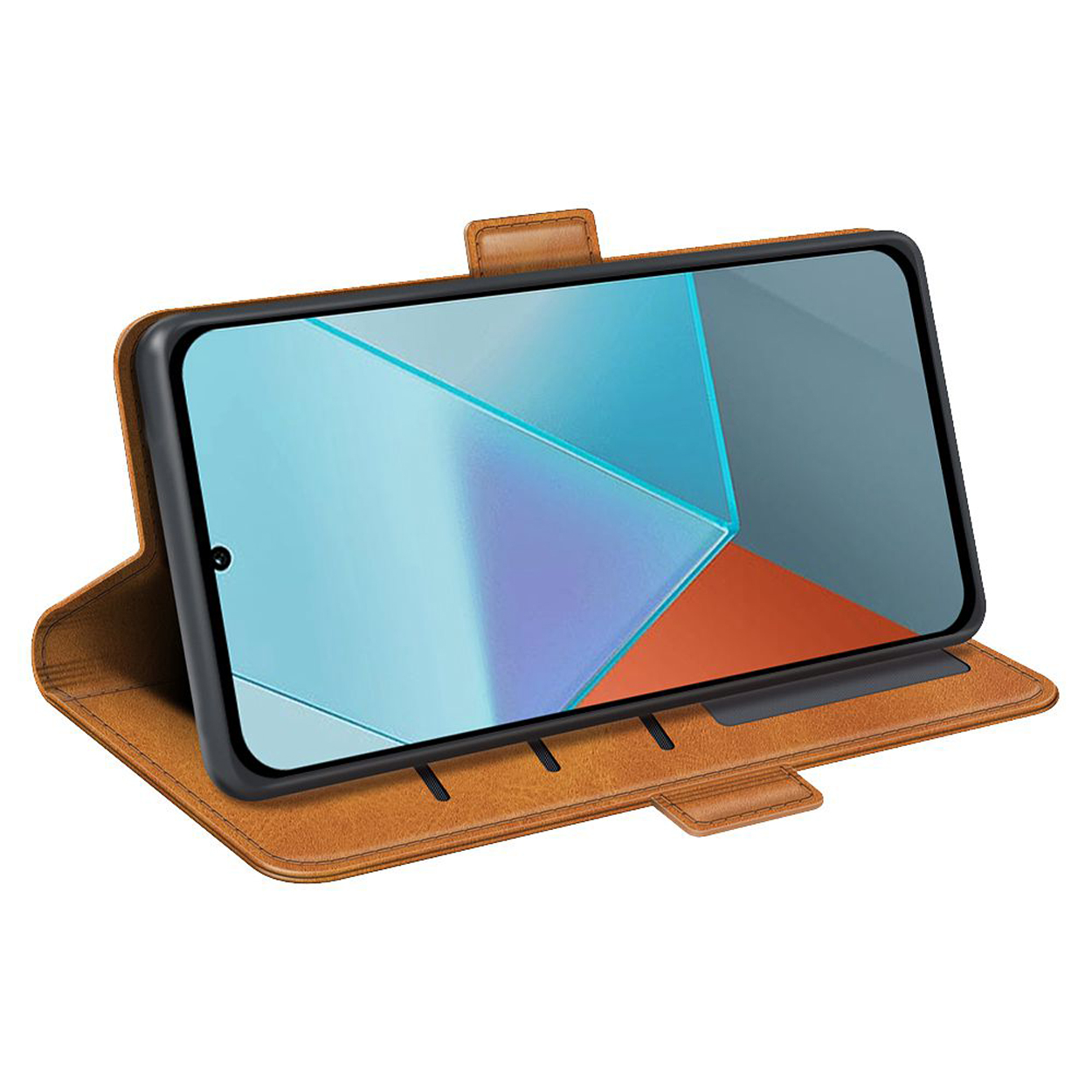 Bruine leren telefoonhoes met een smartphone met een geometrisch ontwerp op het scherm.