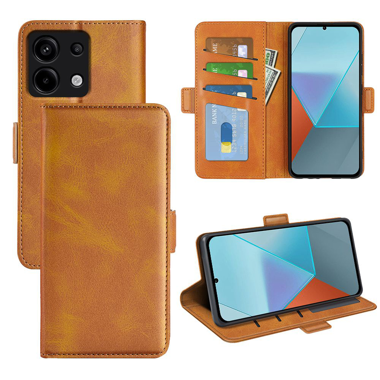 Bruin telefoonhoesje met creditcardvakken en een telefoon die op het scherm wordt weergegeven.