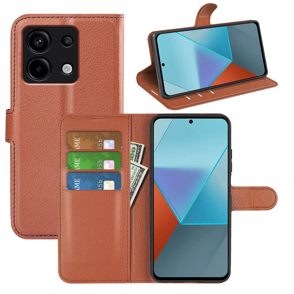 Bruine telefoonhoes in portemonnee-stijl. Toont kaarten, geld en telefoon met een abstract blauw/oranje scherm.