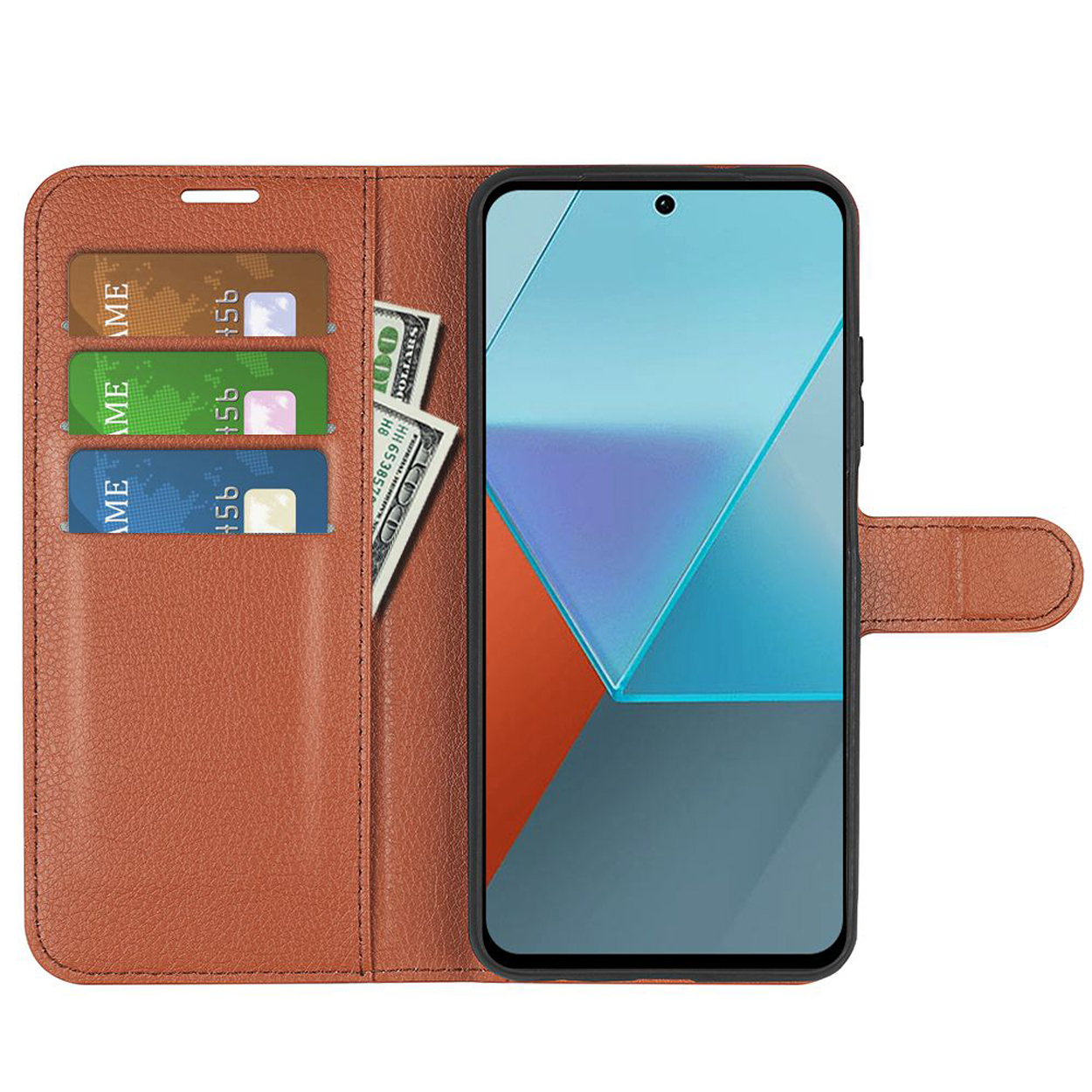 Bruine leren telefoonhoes met kaartsleuven, geld en een telefoon met een scherm.