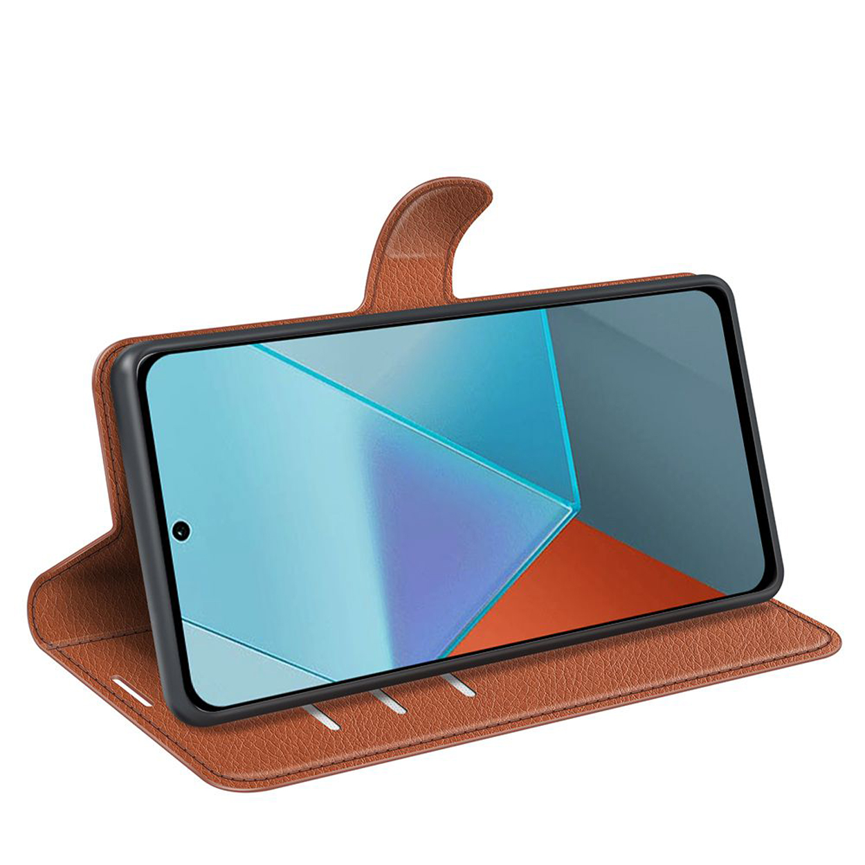 Bruine telefoonhoes open met een telefoon erin.