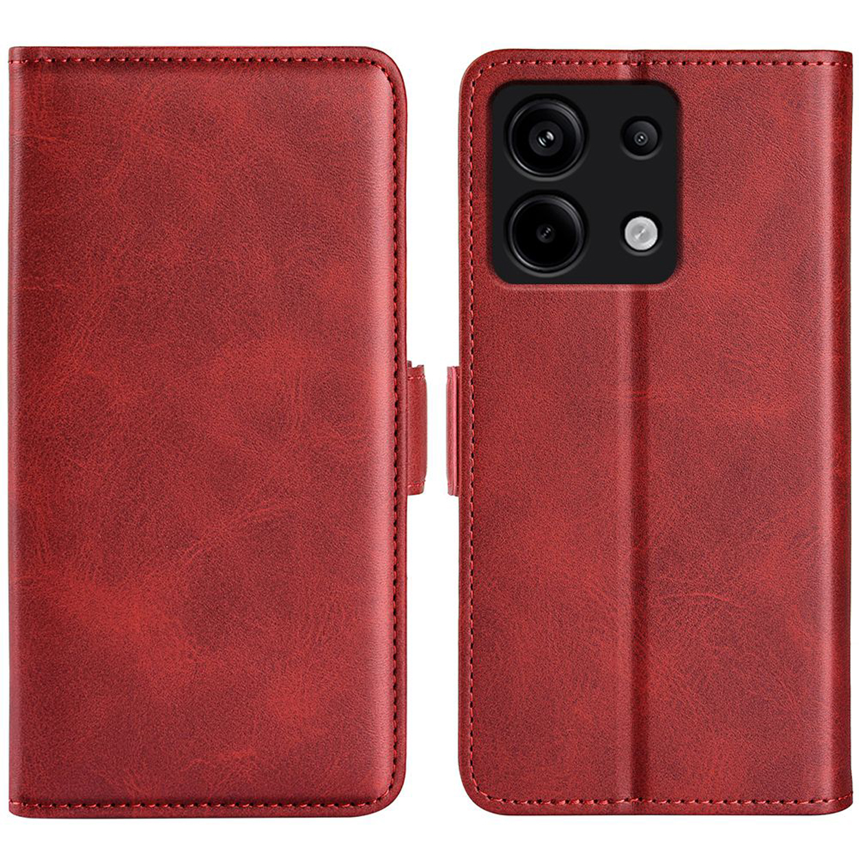 Coque de téléphone rouge, ouverte, avec téléphone visible, finition cuir, sur surface blanche.