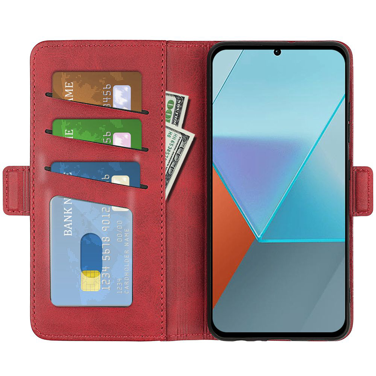 Étui de téléphone rouge de style portefeuille. Cartes, argent et téléphone avec écran bleu/orange abstrait.