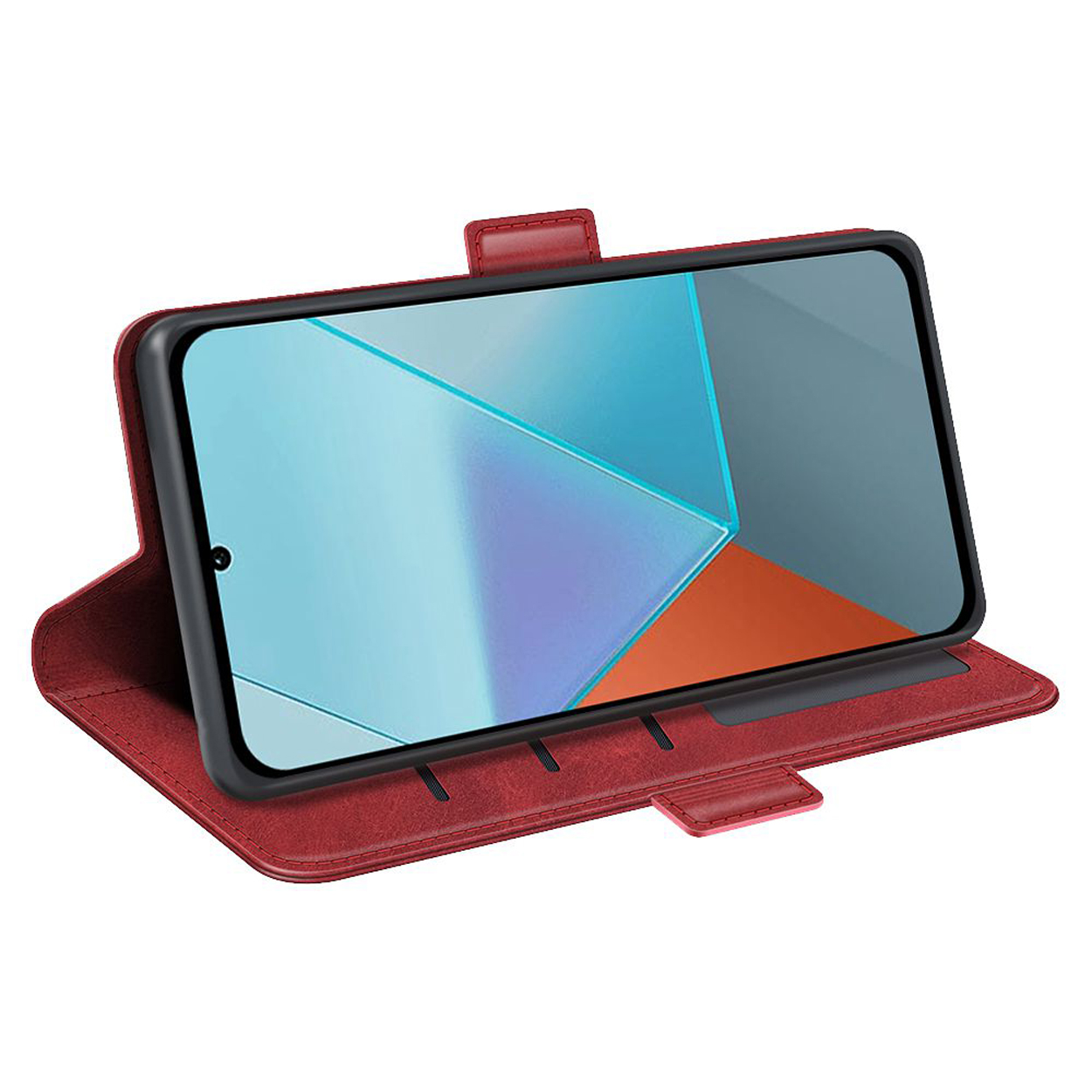 Étui rouge, téléphone avec design coloré. Texture cuir. Design ouvert.