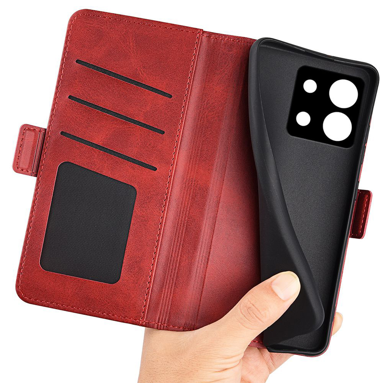 Étui de téléphone en cuir rouge, ouvert, avec emplacements pour cartes et un téléphone noir.