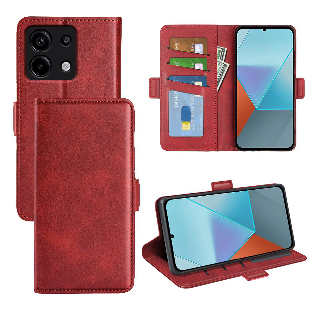 Étui de téléphone rouge avec cartes et argent. Téléphone dans l'étui affiché en différentes positions.